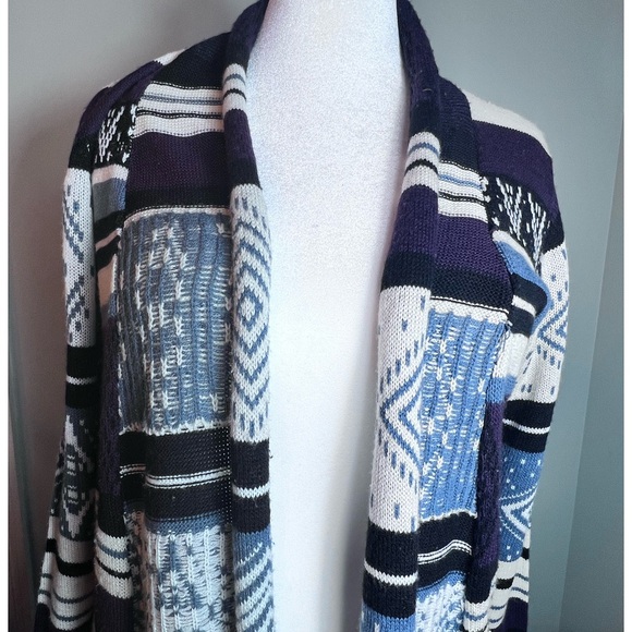 Longline Knit Cardigan Sweater Duster Geometric Aztec Boho Southwestern purple - Picture 10 of 11